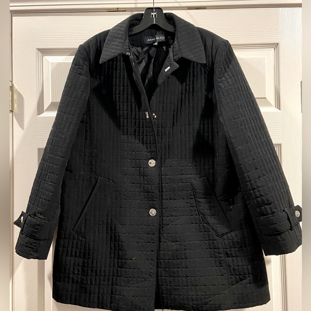 Anne Klein Black Nylon-Like Single Breasted Turn-Lock Trench Coat Size Large